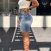 High Rise Ripped Distressed Denim Bermuda Shorts For Women, Medium Blue Wash Frayed Raw Hem Knee Length Jeans   Only Official Shipping Labels Are Supported
