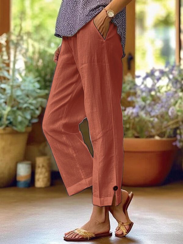 2025  Station Women's Cotton And Linen Loose Solid Color Elastic Waist Pocket Straight Casual Pants