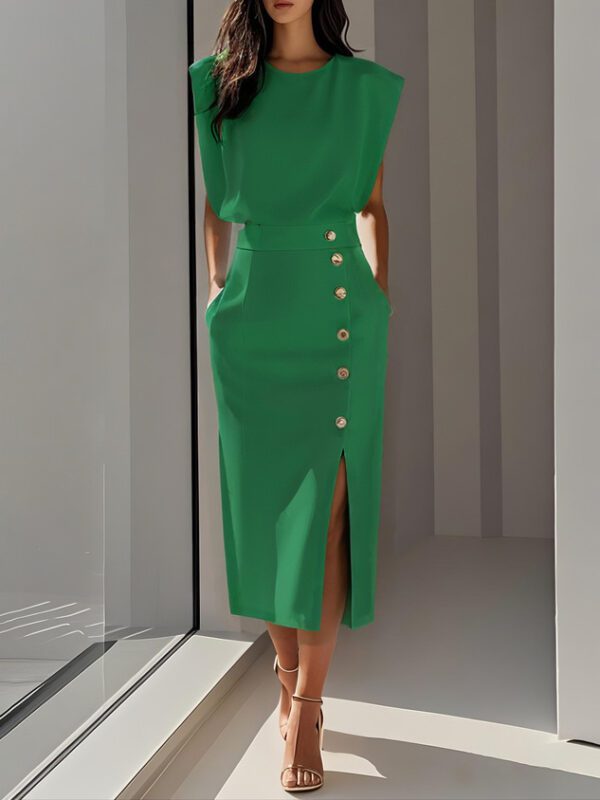 2026 European And American Women's Round Neck Sleeveless Button Slit Solid Color Fashionable Versatile Dress