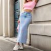 Womens Embroidered Bow Denim Skirt, Street-Style Long Dress, Wrinkle-Resistant, Solid Color, Blue