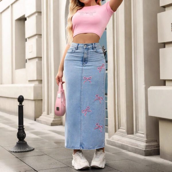 Womens Embroidered Bow Denim Skirt, Street-Style Long Dress, Wrinkle-Resistant, Solid Color, Blue