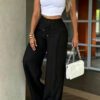 Women Loose Drawstring Multi Pocket Wide Leg Straight Leg Cargo Casual Pants