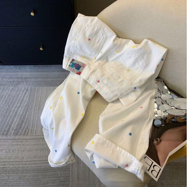 Floral Embroidered Straight-leg Denim Jeans For Women