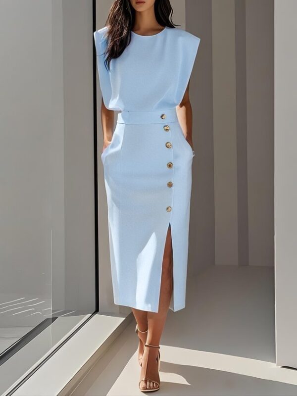 2026 European And American Women's Round Neck Sleeveless Button Slit Solid Color Fashionable Versatile Dress
