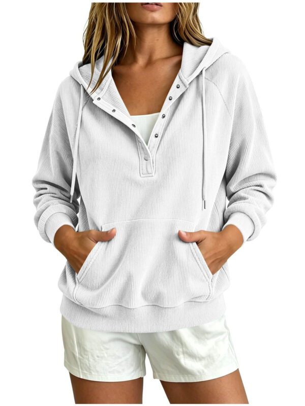 2026 Autumn New Style European Women's Dressy Corduroy Hooded Sweatshirt With Half-Closed Button And Drawstring Loose Top For Women