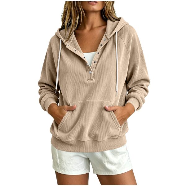 2026 Autumn New Style European Women's Dressy Corduroy Hooded Sweatshirt With Half-Closed Button And Drawstring Loose Top For Women