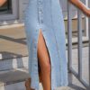 Button Irregular Slit Skirt Denim High Waist Long Skirt