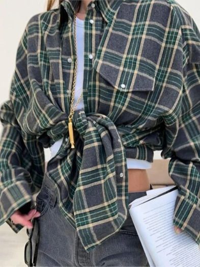 Amazon Ozon Cross-Border Women's Shirt Retro Style Loose 2025 Spring Autumn Winter Plaid Long-Sleeve Pocket Shirt Versatile