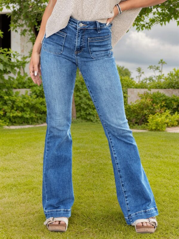 Women High Waist Front Double Pocket Washed Flare Denim Pants Slim Drape Jeans For Outdoor Garden Casual Daily Wear