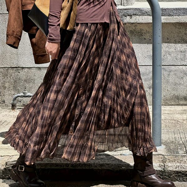 Womens Plaid Chiffon Pleated Skirt