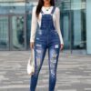 Womens Stretchy Slim-Fit Denim Ripped Suspender Pants