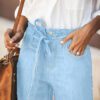 Women Light Blue High Waist Tie Belt Wide Leg Denim Pants Loose Drape Trousers For Beach Vacation Daily Office Casual Wear