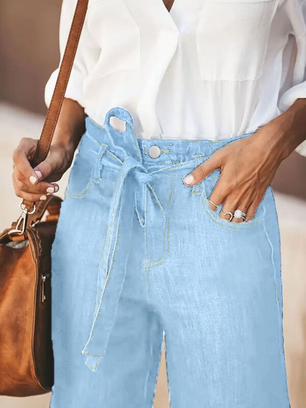 Women Light Blue High Waist Tie Belt Wide Leg Denim Pants Loose Drape Trousers For Beach Vacation Daily Office Casual Wear