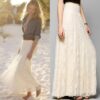New European and American Style Women Pleated Solid Mesh Lace Layered Gypsy Boho Summer Long Maxi Skirt Girl Beach Clothing