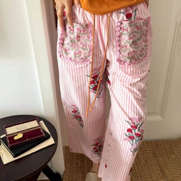 Color-Block Plant-Print Pajama Pants For Women