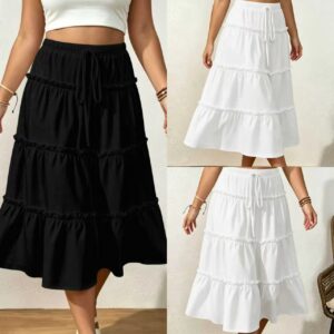 Amazon Cross-border European And American Layered Wood-ear Cake Skirt Drawstring Loose Slim-fit Mid-length Half-length