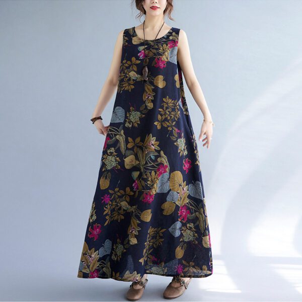 65ecf496-2d2d-458f-9589-c775b1a6bb19.jpg Printed Cotton Linen Round Neck Sleeveless Dress Women's