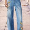 Floral-Embroidered Draped Wide-Leg Washed Denim Casual Trousers