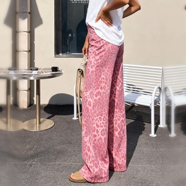 High‑Rise Pink Leopard Printed Wide Leg Denim Jeans For Women, Y2K Streetwear Baggy Trousers   Only Official Shipping Labels Are Supported