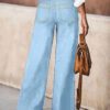 Women Light Blue High Waist Tie Belt Wide Leg Denim Pants Loose Drape Trousers For Beach Vacation Daily Office Casual Wear