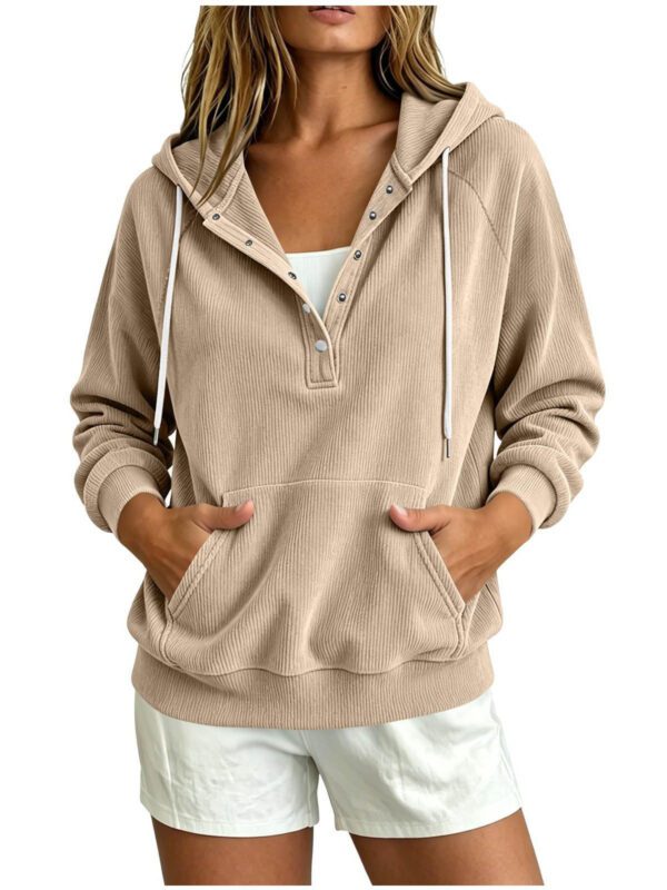 2026 Autumn New Style European Women's Dressy Corduroy Hooded Sweatshirt With Half-Closed Button And Drawstring Loose Top For Women