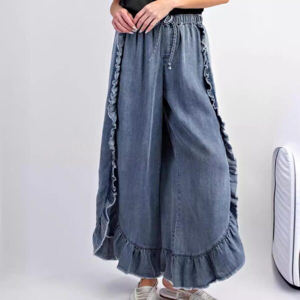 6d6b1196-a656-480f-b7fb-e0b030eeb2d0_water.jpeg Womens Washed Cotton Denim Flared Pants With Ruffled Hem
