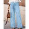 Women Light Blue High Waist Tie Belt Wide Leg Denim Pants Loose Drape Trousers For Beach Vacation Daily Office Casual Wear