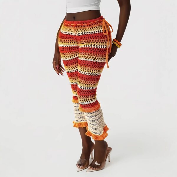 Spring Summer European Casual Fashion Mesh Pants With Open Holes And Striped Patterns Suitable For Various Outfits With Drawstring Waist And Single Piece Design