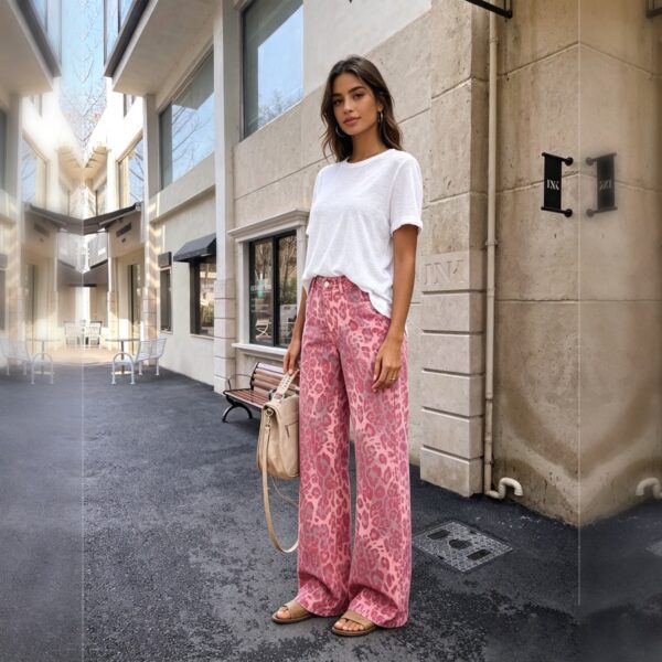High‑Rise Pink Leopard Printed Wide Leg Denim Jeans For Women, Y2K Streetwear Baggy Trousers   Only Official Shipping Labels Are Supported