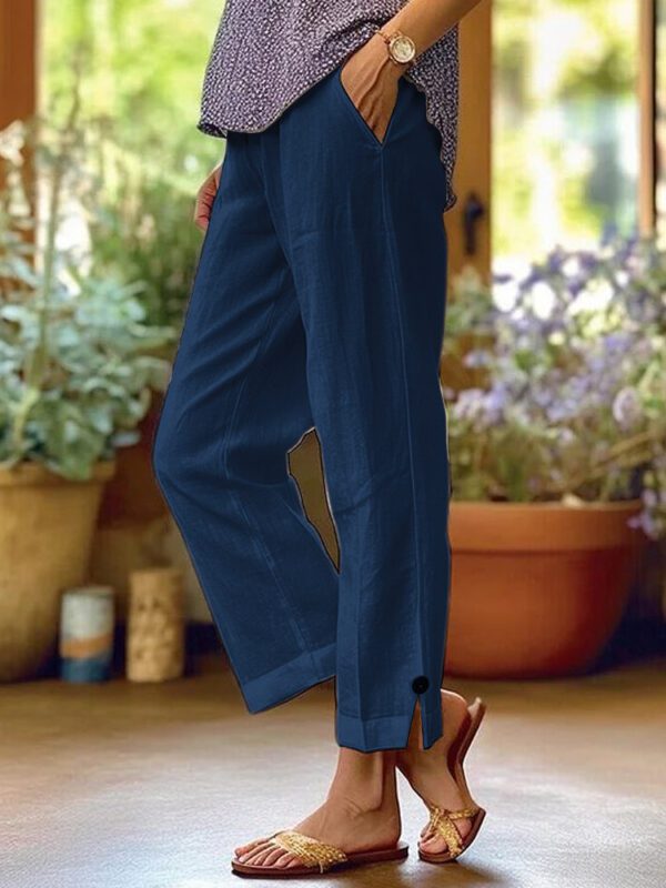 2025  Station Women's Cotton And Linen Loose Solid Color Elastic Waist Pocket Straight Casual Pants
