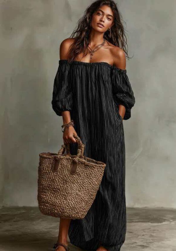 Women's Summer Off Shoulder Striped Dress Elegant Loose Casual Dress