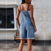 Women Contrast Strap Denim Short Overalls, Roll‑Up Hem Bib Overall Shorts With Pockets   Only Official Shipping Labels Are Supported
