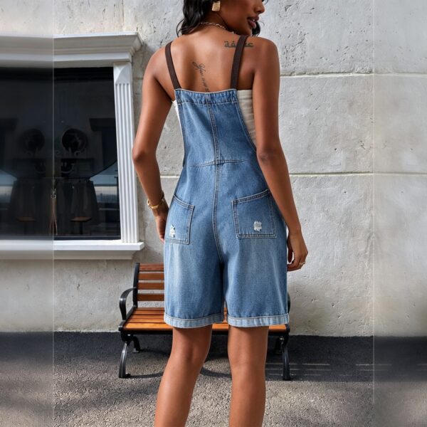Women Contrast Strap Denim Short Overalls, Roll‑Up Hem Bib Overall Shorts With Pockets   Only Official Shipping Labels Are Supported