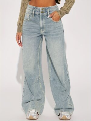 2026 New Cross-Border Foreign Trade Amazon European And American Women's Jeans With Double-Layer Waist Buttoning, Vintage Wide-Leg Jeans