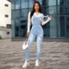 Womens Stretchy Slim-Fit Denim Ripped Suspender Pants