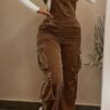 Women Casual Multi Pocket Corduroy Overalls Jumpsuits Straight Leg Cargo Pants