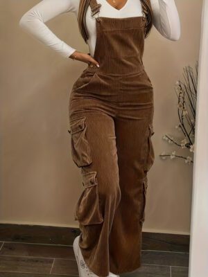 Women Casual Multi Pocket Corduroy Overalls Jumpsuits Straight Leg Cargo Pants
