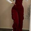 Women Casual Multi Pocket Corduroy Overalls Jumpsuits Straight Leg Cargo Pants