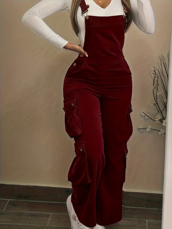 Women Casual Multi Pocket Corduroy Overalls Jumpsuits Straight Leg Cargo Pants