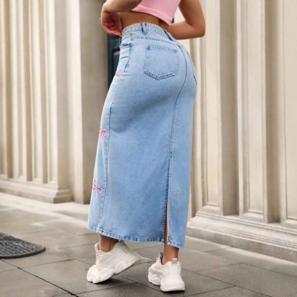Womens Embroidered Bow Denim Skirt, Street-Style Long Dress, Wrinkle-Resistant, Solid Color, Blue