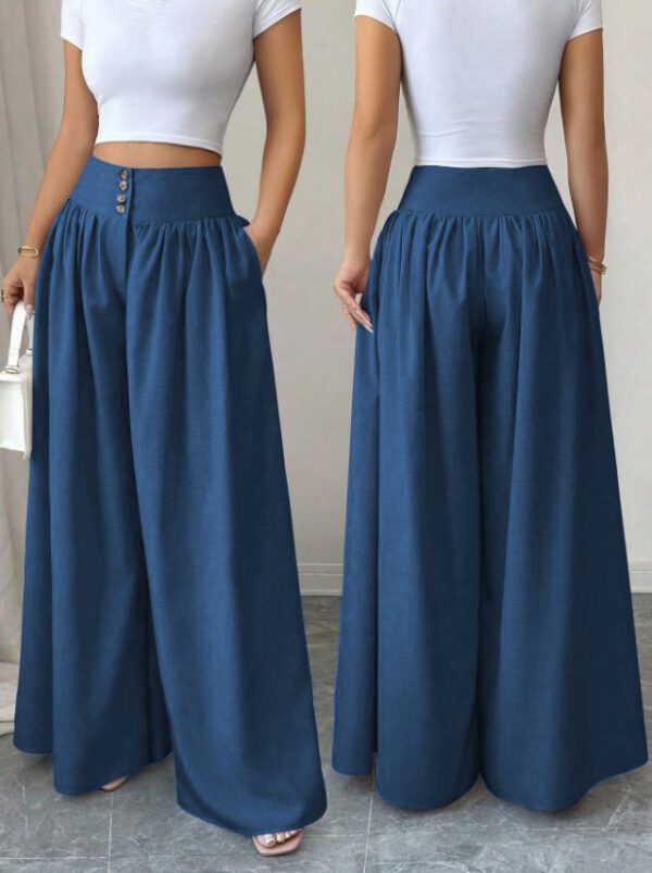Cross-border European And American New Ladies' Fashion High-end Casual Solid Color Button Pleated Loose Wide-leg Floor-length Pants