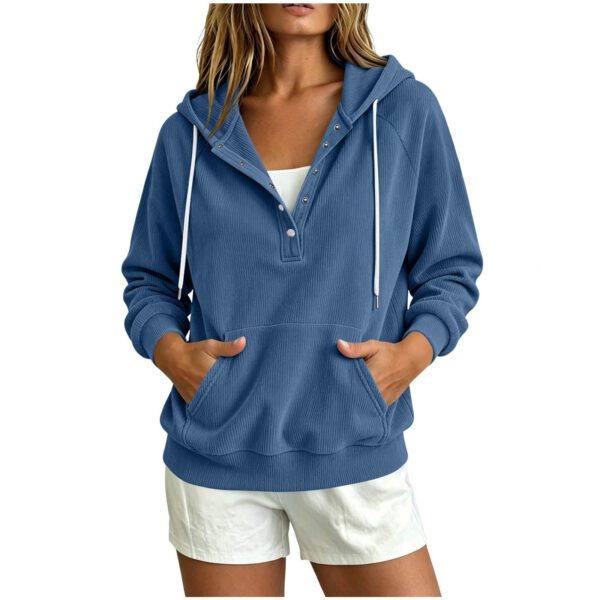 2026 Autumn New Style European Women's Dressy Corduroy Hooded Sweatshirt With Half-Closed Button And Drawstring Loose Top For Women
