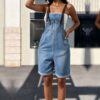 Women Contrast Strap Denim Short Overalls, Roll‑Up Hem Bib Overall Shorts With Pockets   Only Official Shipping Labels Are Supported