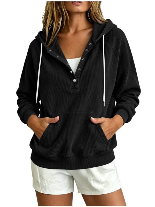 2026 Autumn New Style European Women's Dressy Corduroy Hooded Sweatshirt With Half-Closed Button And Drawstring Loose Top For Women