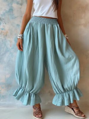 2026 Summer New Cross-Border European And American Style Loose Casual Cotton And Linen Ruffle Lantern Pants For Women