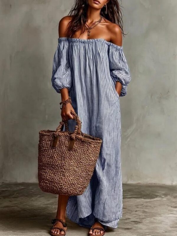 Women's Summer Off Shoulder Striped Dress Elegant Loose Casual Dress
