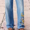 Floral-Embroidered Draped Wide-Leg Washed Denim Casual Trousers