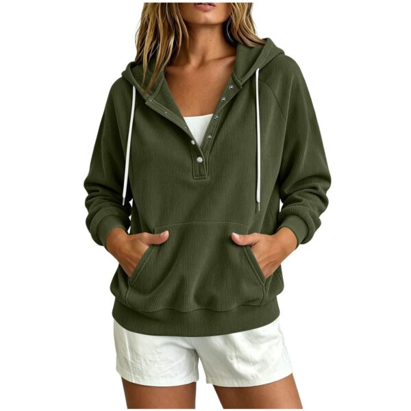 2026 Autumn New Style European Women's Dressy Corduroy Hooded Sweatshirt With Half-Closed Button And Drawstring Loose Top For Women