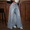 European And American Style Women's Jeans, Washed High-Waisted Double-Layer Split Straight-Leg Pants, Cross-Border Trendy Slim-Fit Floor-Length Denim Trousers