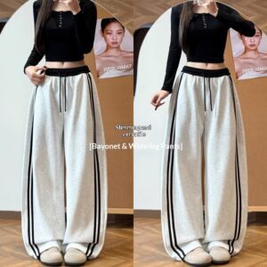 Womens High-waisted Color-block Loose-fitting Wide-leg Pants With Side Stripes